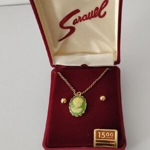 Vintage Saravel Gold Tone Necklace with Green Cameo Pendant and Earrings